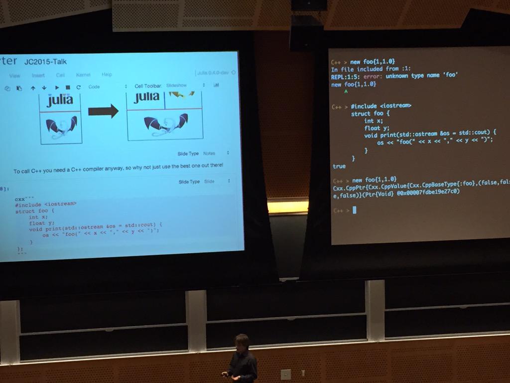 dontusethiscode's tweet photo. Live C++ REPL embedded into Julia by Keno Fischer. #juliacon2015 http://t.co/tQciGdaEsJ