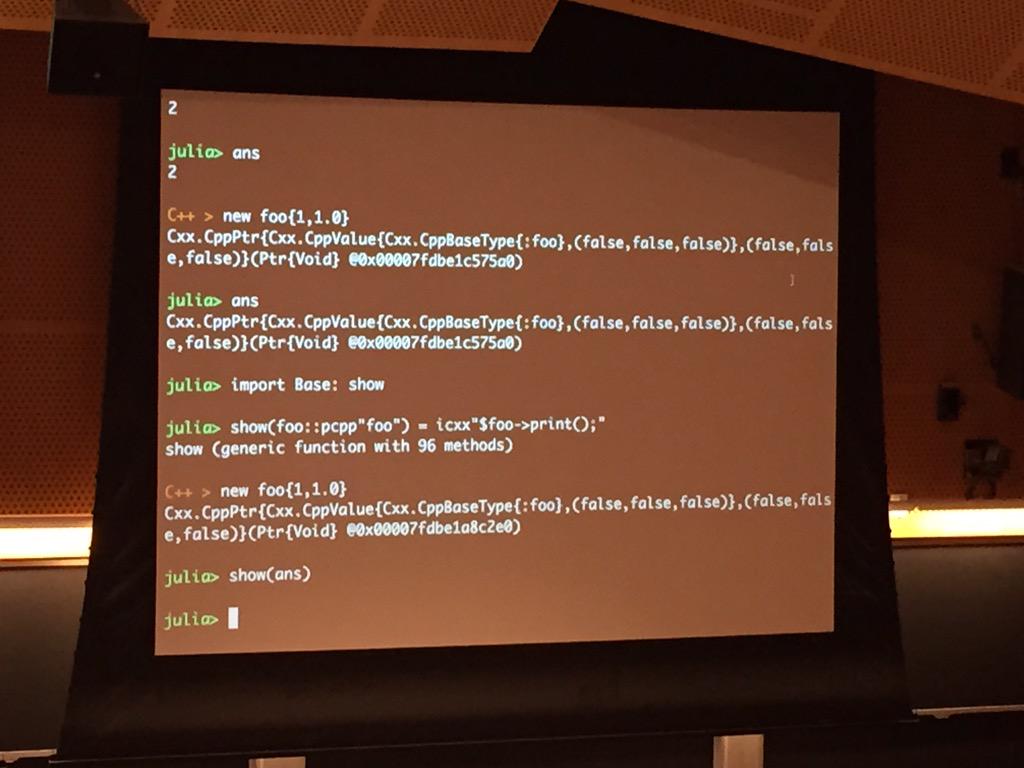 dontusethiscode's tweet photo. Live C++ REPL embedded into Julia by Keno Fischer. #juliacon2015 http://t.co/tQciGdaEsJ