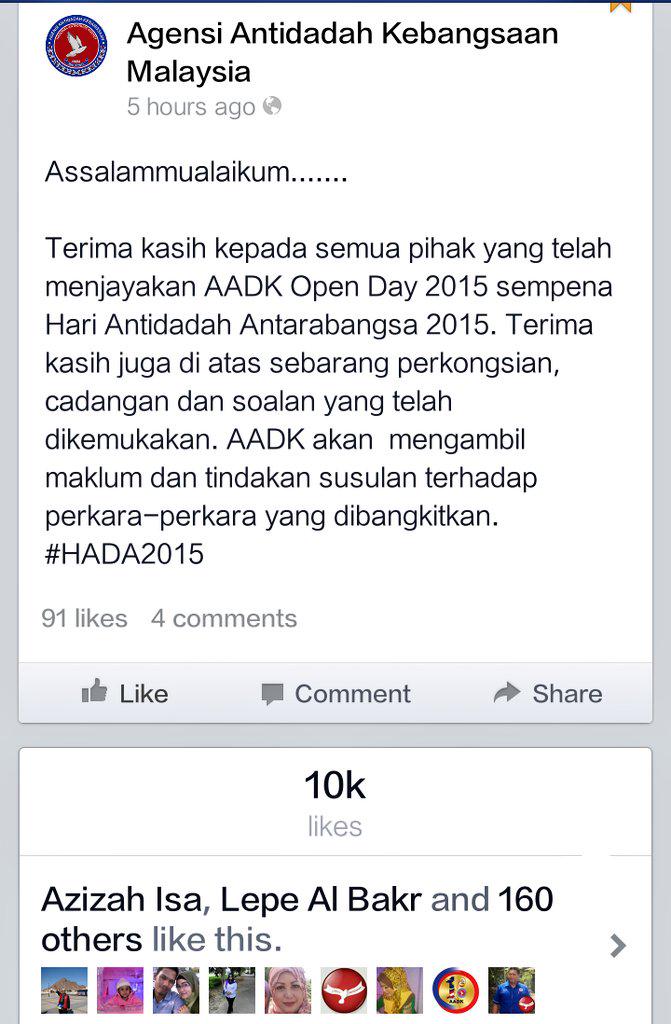 AADKBBaharu's tweet photo. @Zahid_Hamidi @KDNPUTRAJAYA @KPAADK | Terima Kasih kpda semua yg terlibat #HADA2015 - DADAH masih musuh no. 1 NEGARA http://t.co/lJ00KnZkHS