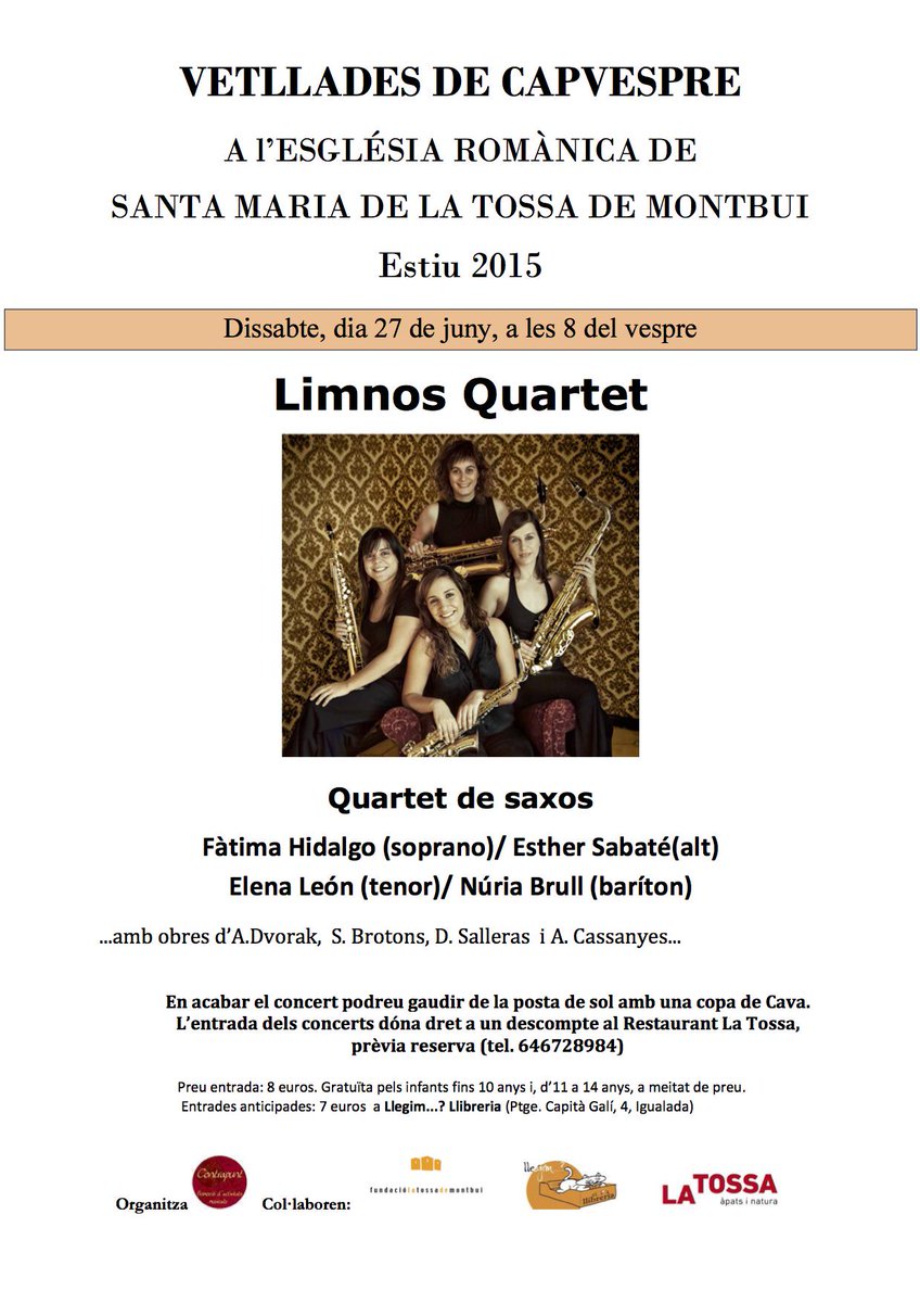 Contrapuntem's tweet photo. Demà a les 20h primer concert del Cicle Vetllades de Capvespre a l'església de la @tossademontbui amb @limnosquartet http://t.co/3LbcuNDyoq
