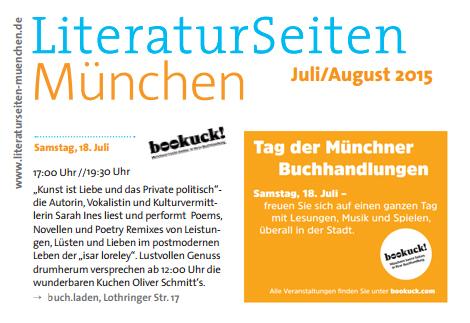 SarahInes's tweet photo. Die LitSeiten München Jul/Aug 2015 sind da, inklusive meiner Performance am 18.7. :-) http://t.co/DlZhYIneCw @bookuck http://t.co/BH7KgTROvD