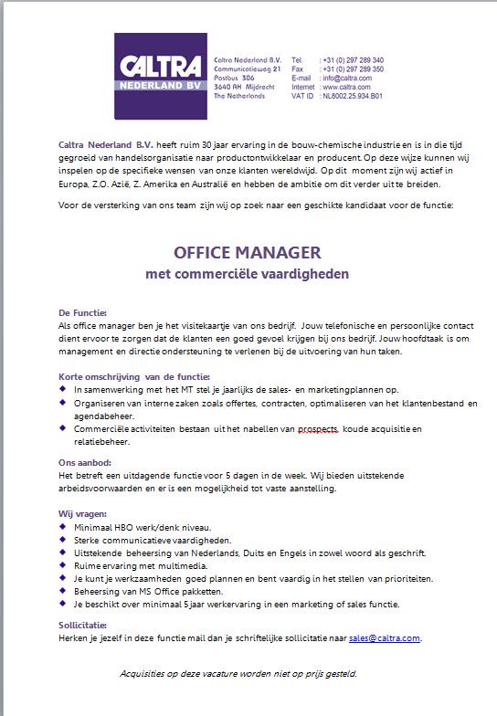 Caltra Nederland Bv On Twitter Vacature Office Manager
