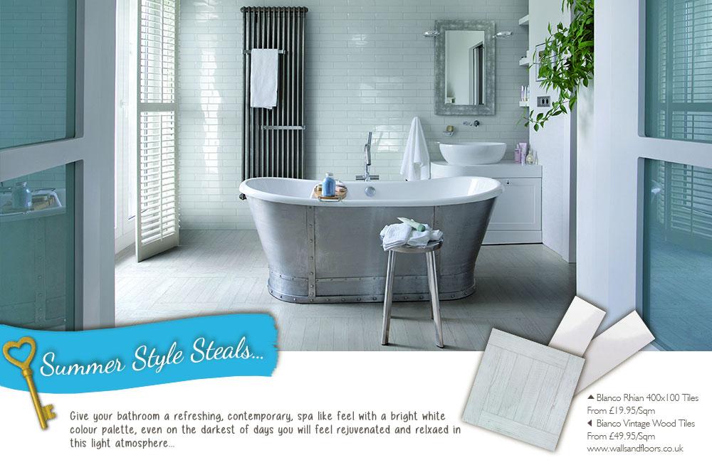 Create a relaxing, spa-like feeling in a bathroom area this summer. More Summer Style Steals: wallsandfloors.co.uk/blog/summer-st…