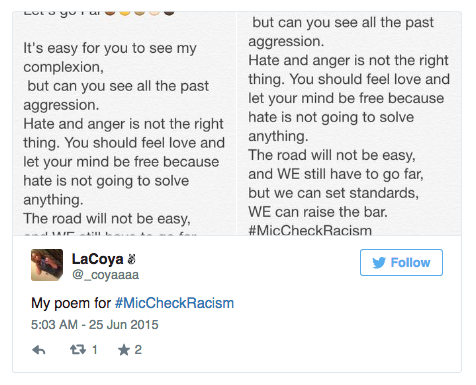 mic's tweet photo. Teens are responding to the Charleston shooting In the most beautiful way with #MicCheckRacism http://t.co/H56hZRdp08 http://t.co/dw2dCzyo4A