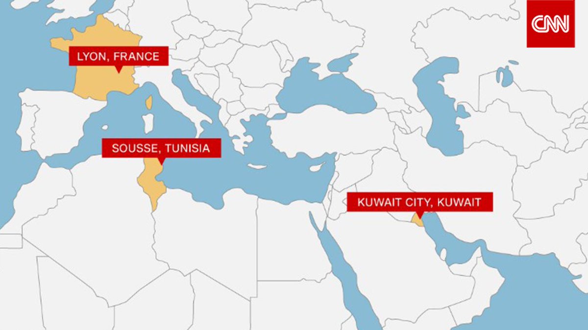 CNN's tweet photo. Terror attacks on 3 continents: Shooting in Tunisia, beheading in France &amp; bombing in Kuwait. http://t.co/lHJnW2NA34 http://t.co/X5STbudzlj