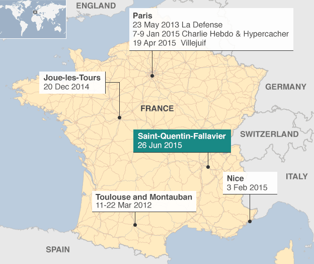 BBCNewsGraphics's tweet photo. MAP: Attack on factory near #Lyon is latest in series of terror incidents in #France http://t.co/LY71fUMZDt http://t.co/6y3QFaKJzO