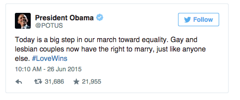 nytimes's tweet photo. President Obama shows support for the Supreme Court's ruling on same-sex marriage http://t.co/s4mHOc0YG5 http://t.co/afLpb32KvD