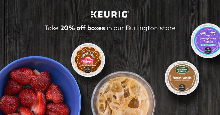 Keurig's tweet photo. Sales are heating up at the #KeurigStore! Enjoy 20% off select boxes of pods at @BurlingtonMalMA thru 7/5. Cheers! http://t.co/Z5yDB5MaMe