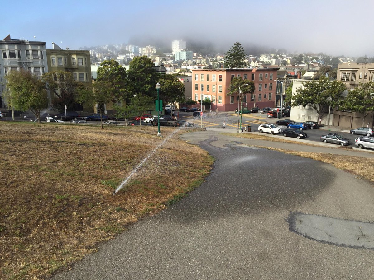 mattjsperling's tweet photo. Guide to saving water by @RecParkSF 1: Don't water - 2: Let grass die - 3: Water asphalt. What gives? #droughtshaming http://t.co/yv1scaLOJ9