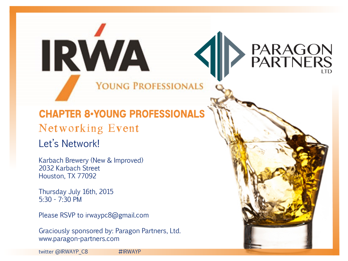 IRWAYP_CH8's tweet photo. In #Houston July 16th? Don't miss our Happy Hour, sponsored by Paragon Partners! #IRWAYP @IRWAYP @IRWA_Network http://t.co/3Wr7kSWCHU