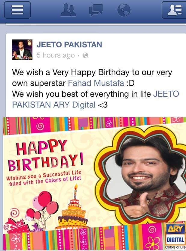 FatimaNoor2690's tweet photo. @fahadmustafa26 ase he thori kaha tha k mere handsome ki bday pora Pakistan mnaye ga.
#JP k throw.
Thanks #AryD n #Jp http://t.co/19srd6Qc8U
