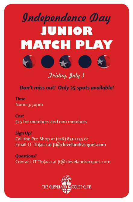 CleRacquet's tweet photo. Don't miss out on Independence Day Junior Match Play, Friday, July 3! #cle #tennis http://t.co/nLz2x1UG7w