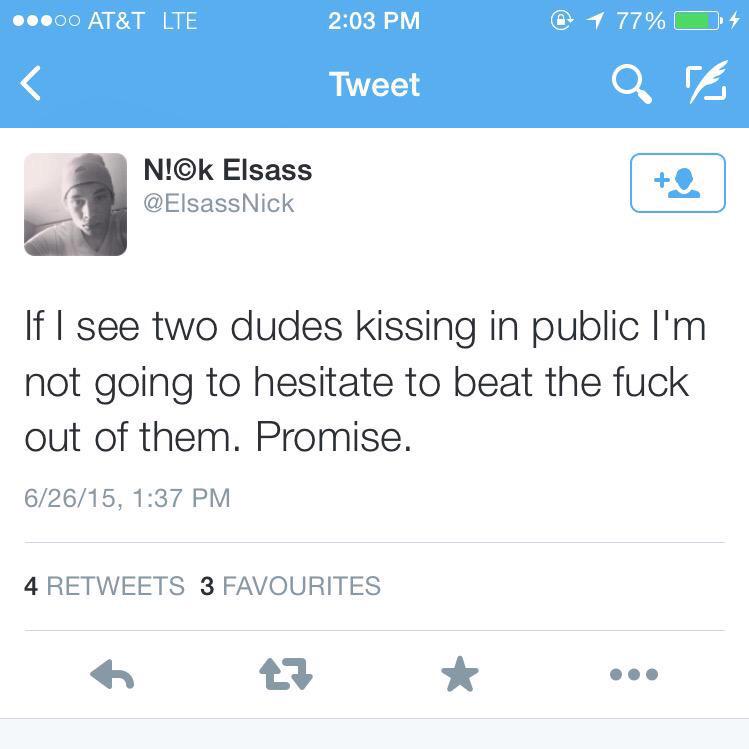 Bipartisanism's tweet image. Unfortunately when #LoveWins, hate filled bigots go nuclear. Rt to tell @twitter &amp;amp; the @FBI to deal with @ElsassNick.