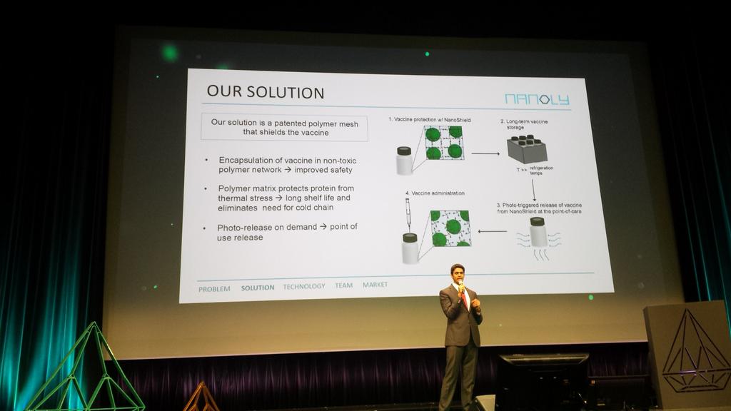 <a href="/NanolyB/">Nanoly Bioscience</a> nano shield vaccine, erasing refrageration issue while transporting it. wins #HTC2015 #Material prize
