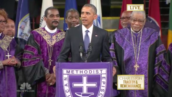 Mediaite's tweet photo. WATCH: Obama Sings 'Amazing Grace' at Charleston Funeral http://t.co/U1yLa7Pytm http://t.co/GiMmSJAKxI