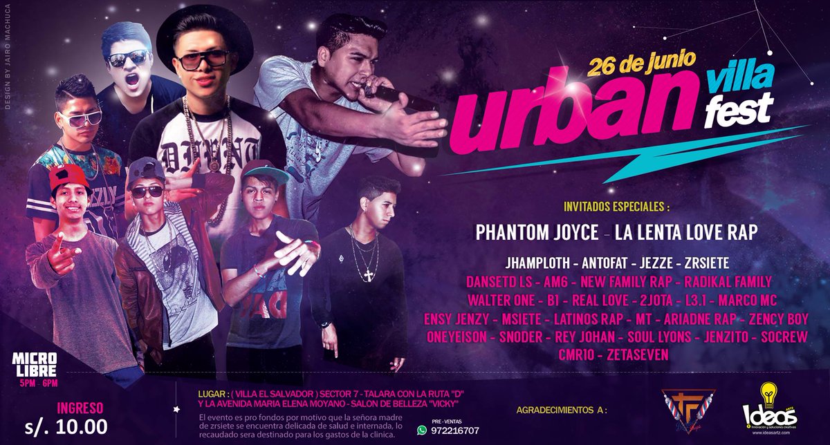 HOY VILLA EL SALVADOR
URBAN VILLA FEST !
HOY VIERNES 26 DE JUNIO !
La Lenta じ Love Rap ツ ..
facebook.com/events/8966266…