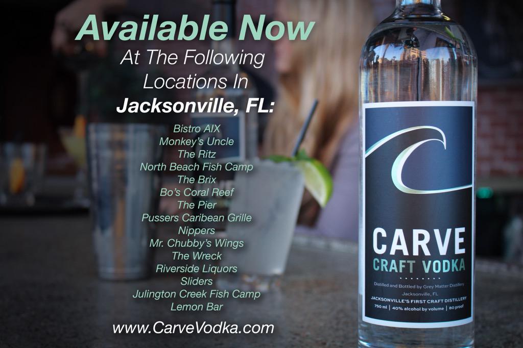 NOW AVAILABLE at 15 locations in Jacksonville including RIVERSIDE LIQUORS and BISTRO AIX!!! #CarveCraftVodka