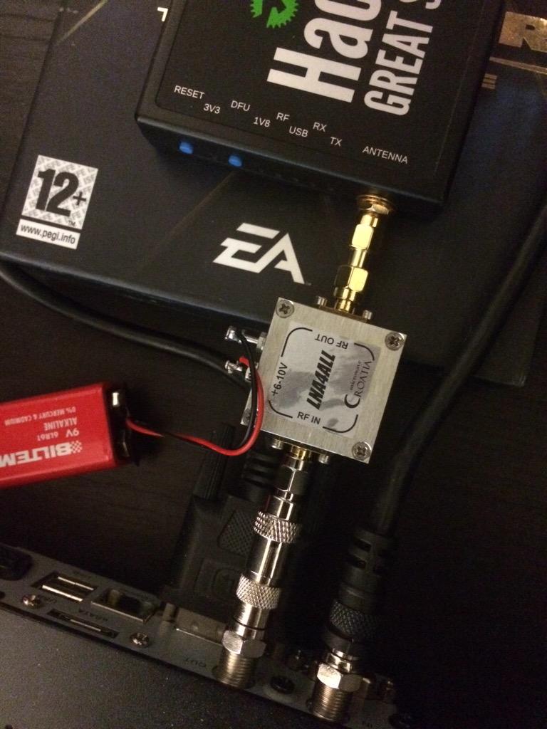uber_security's tweet image. Finish up v1 of the #satcom chain. #hackrf #lna and an #dreambox to drive diseq motor/bias power. 9v battery so far.