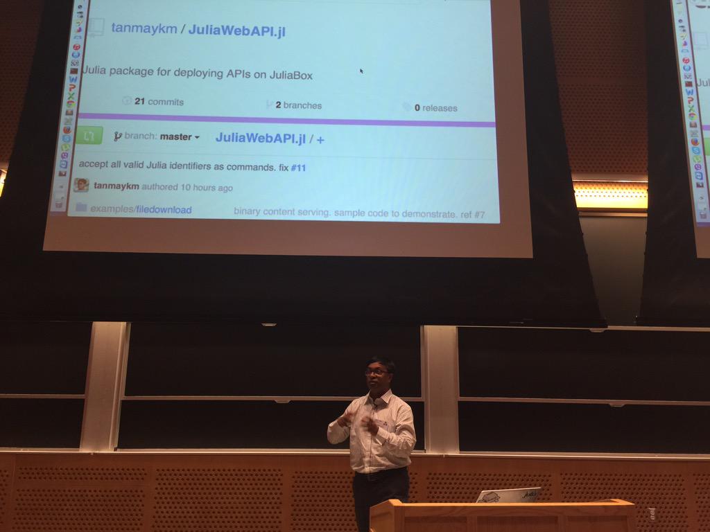 GandalfSoftware's tweet photo. @aviksengupta exposing @JuliaLanguage APIs on the web #MIT #juliacon2015 http://t.co/txBNepDHgi