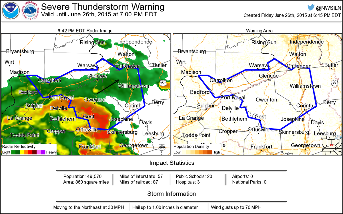 NWSSevereTstorm's tweet image. Severe Thunderstorm Warning including Carrollton KY, Williamstown KY, Dry Ridge KY until 7:00 PM EDT