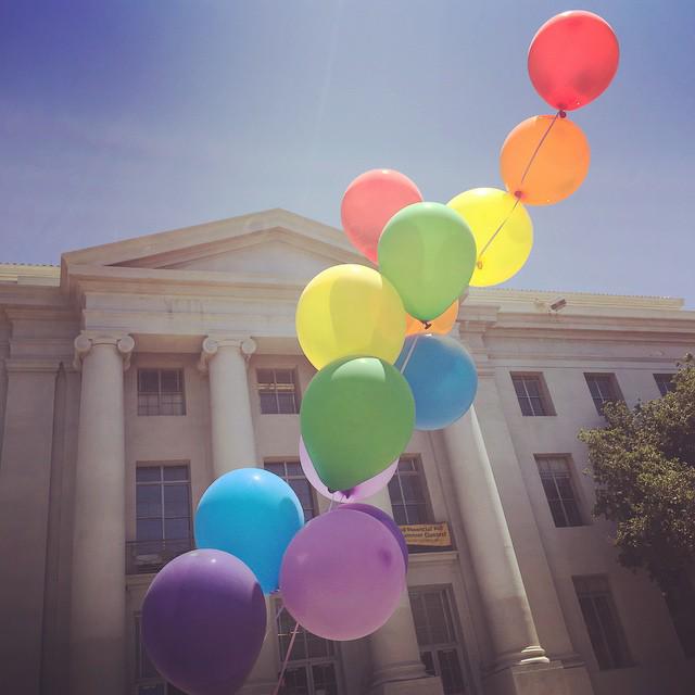 UCBerkeley's tweet photo. With hugs, tears &amp; selfies, campus celebrates #samesexmarriage ruling http://t.co/S7ZhVWMUah #LoveWins http://t.co/eF1USPKuv6