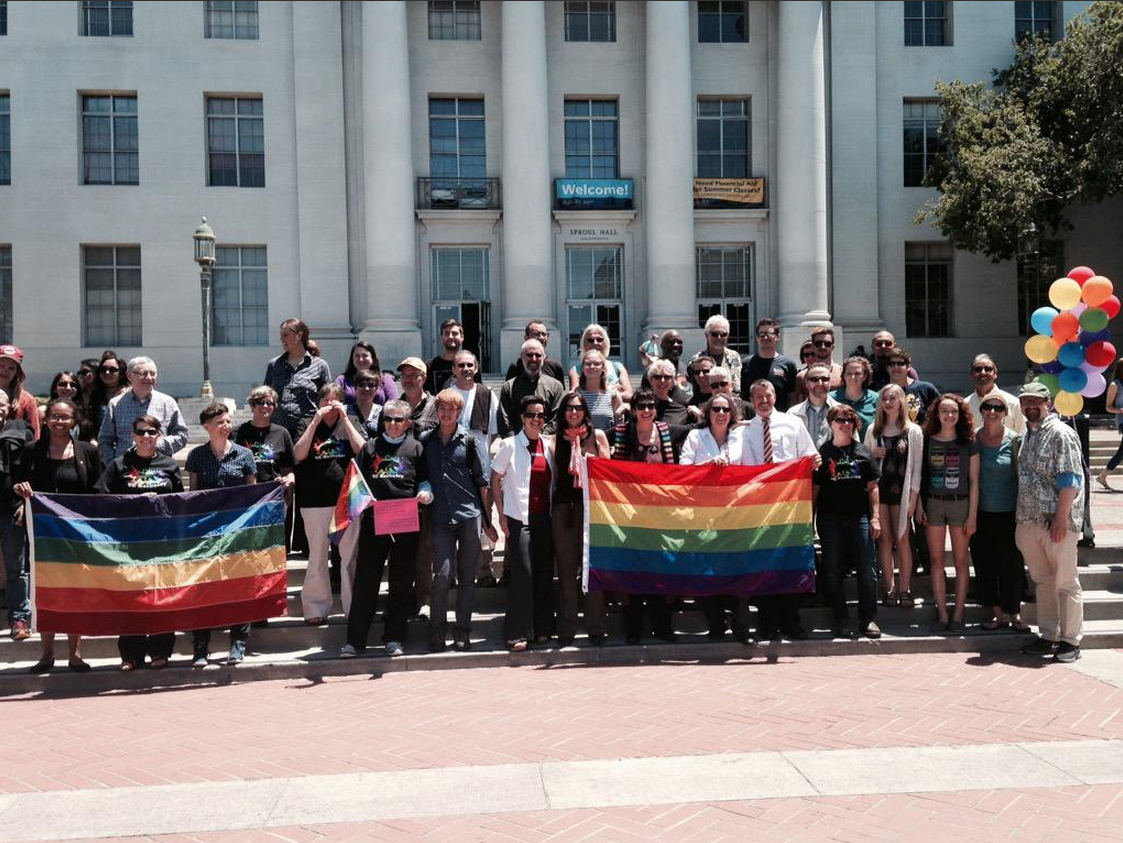 UCBerkeley's tweet photo. With hugs, tears &amp; selfies, campus celebrates #samesexmarriage ruling http://t.co/S7ZhVWMUah #LoveWins http://t.co/eF1USPKuv6