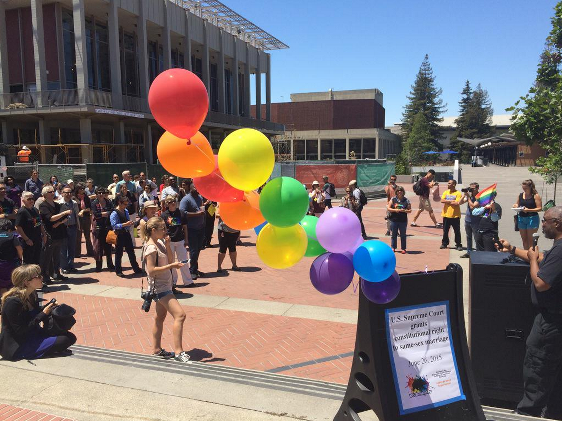 UCBerkeley's tweet photo. With hugs, tears &amp; selfies, campus celebrates #samesexmarriage ruling http://t.co/S7ZhVWMUah #LoveWins http://t.co/eF1USPKuv6