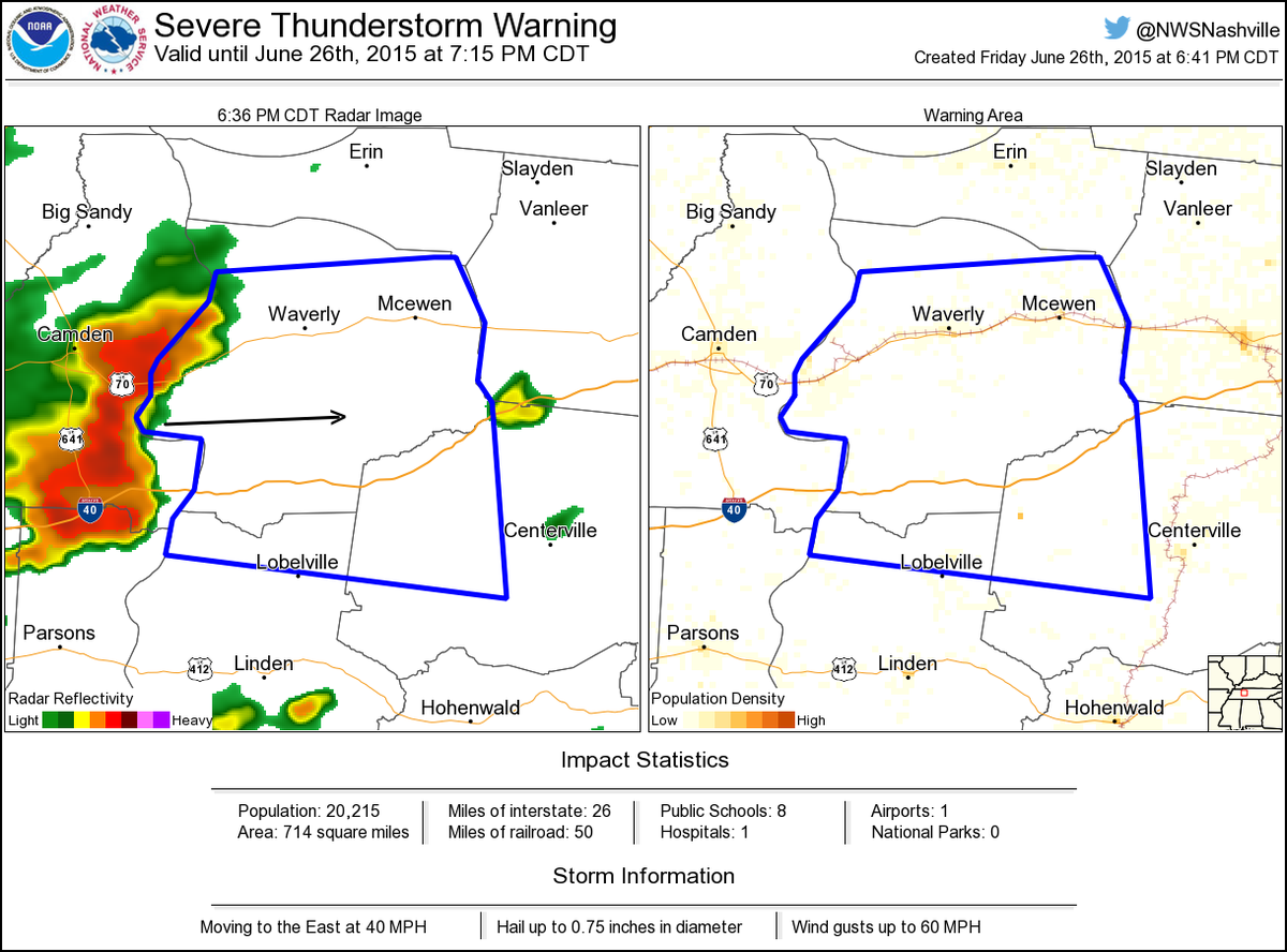 NWSSevereTstorm's tweet image. Severe Thunderstorm Warning including Waverly TN, New Johnsonville TN, Mcewen TN until 7:15 PM CDT