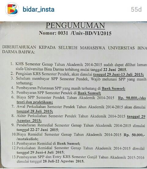 BidarPalembang's tweet photo. Info SP #sp #bidar #binadarma http://t.co/kPeriCHdi7