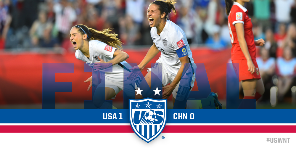 USWNT's tweet photo. FINAL: #USWNT 1, China 0 - @CarliLloyd grabs the winning goal on her 200th cap &amp; #USA is headed to the semifinals! http://t.co/xCOBK0TgP7
