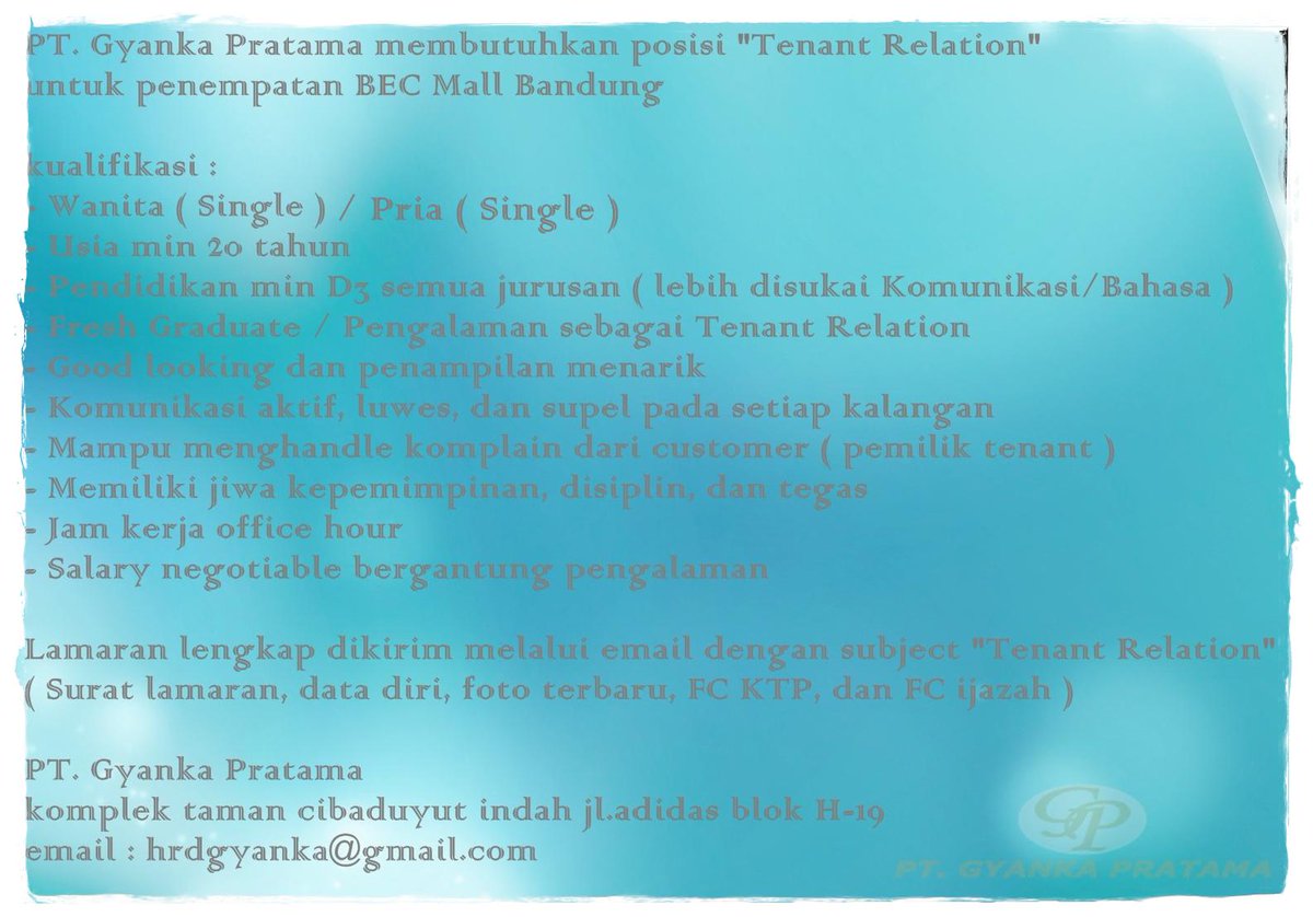 hrdgyanka's tweet photo. Dbthkn Tenant Relation Mall/Apartment BDG @LokerBandung @LowonganBandung @lokerdibandung @bandung_loker @LokerBdg http://t.co/gj0UXwABUX