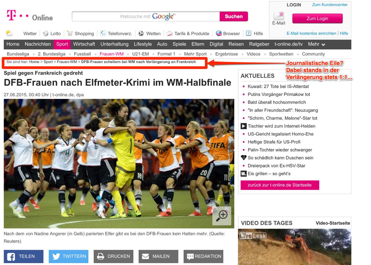 heigono's tweet photo. @Tonline_TopNews peinlich: 
@DFB_Frauen scheitern bei WM nach Verlängerung an Frankreich http://t.co/1KJj8mfovw http://t.co/CBIqYvqTD0