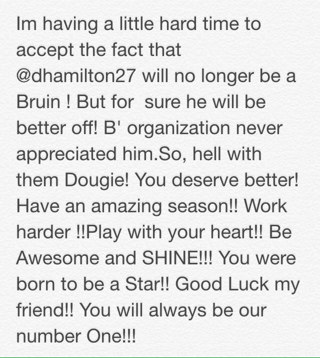 MyVlora's tweet photo. Good luck Dougie!! You will always be part of us!! #NHLBruins #NHLFlames  #DougieHamilton #GoDougieGo  #thebest http://t.co/bnbea4T52Z