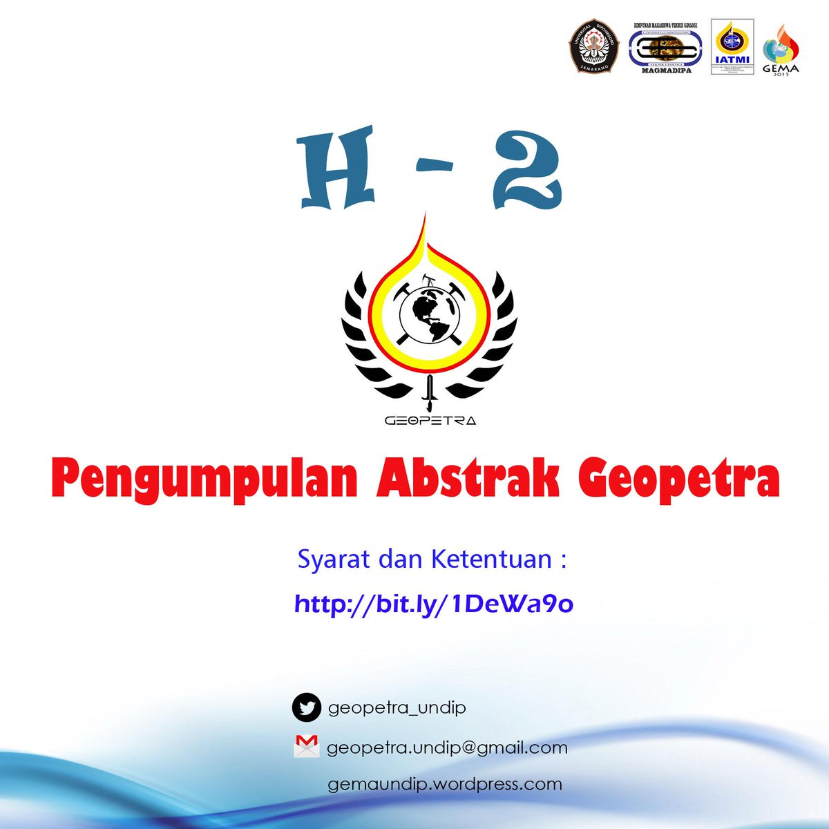 H-2 Batas Pengumpulan Abstrak Geopetra!!
Deadline pukul 21.00 WIB. Jangan sampai ketinggalan.
<a href="/SEG_UNDIPSC/">SEG UNDIP SC</a>