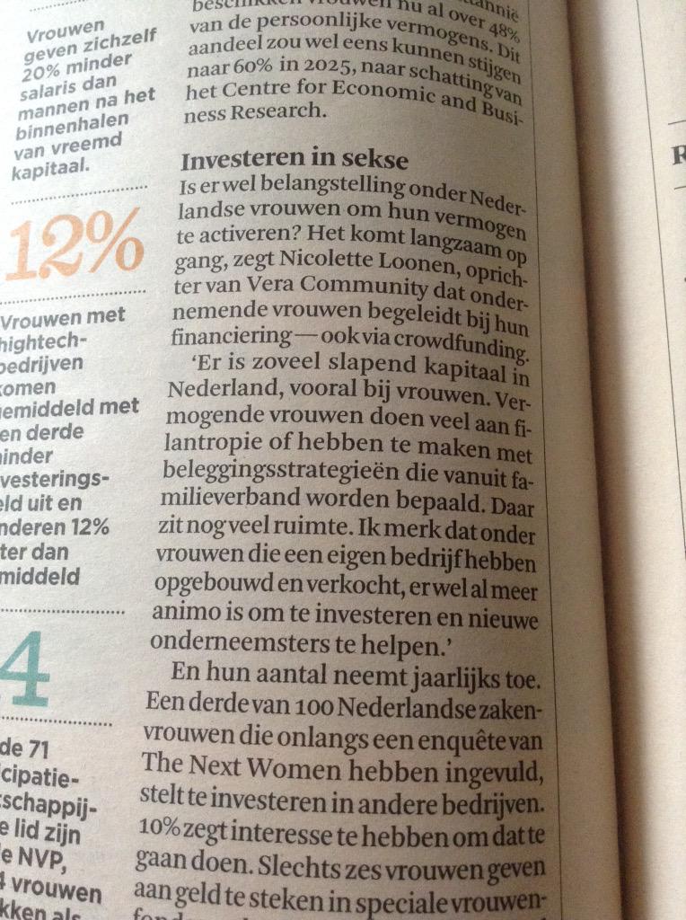 veracommunity's tweet photo. Vandaag in bijlage bij FD. @NicoletteLoonen over #investeren in #vrouwen en samenwerken #crowdfunding #zakenvrouwen http://t.co/NnptY5bIDD