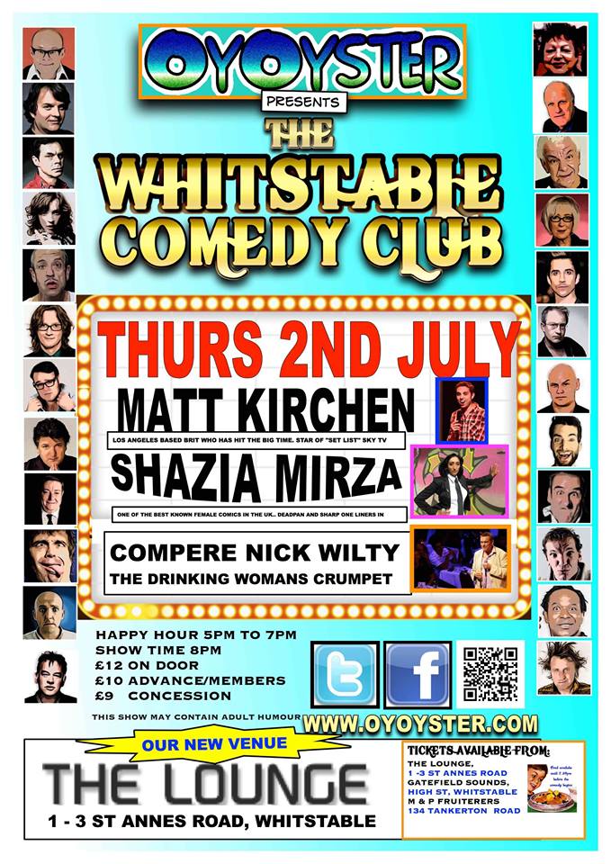 It's Oyoyster Comedy Night @TheLoungekent in Tankerton on Thursday 2nd July. Always a great night out