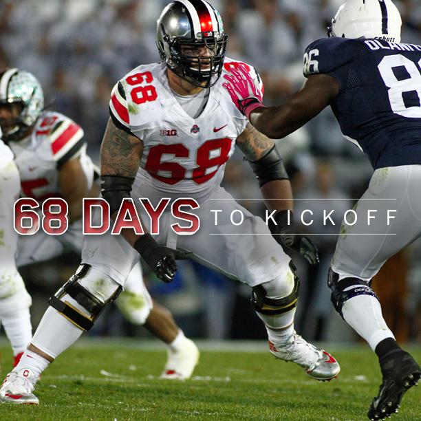 CollegeGameDay's tweet photo. 68 days to kickoff: No. 68 Taylor Decker anchors the Buckeyes' offensive line. #CountdownToKickoff http://t.co/dwrmL0aHEN