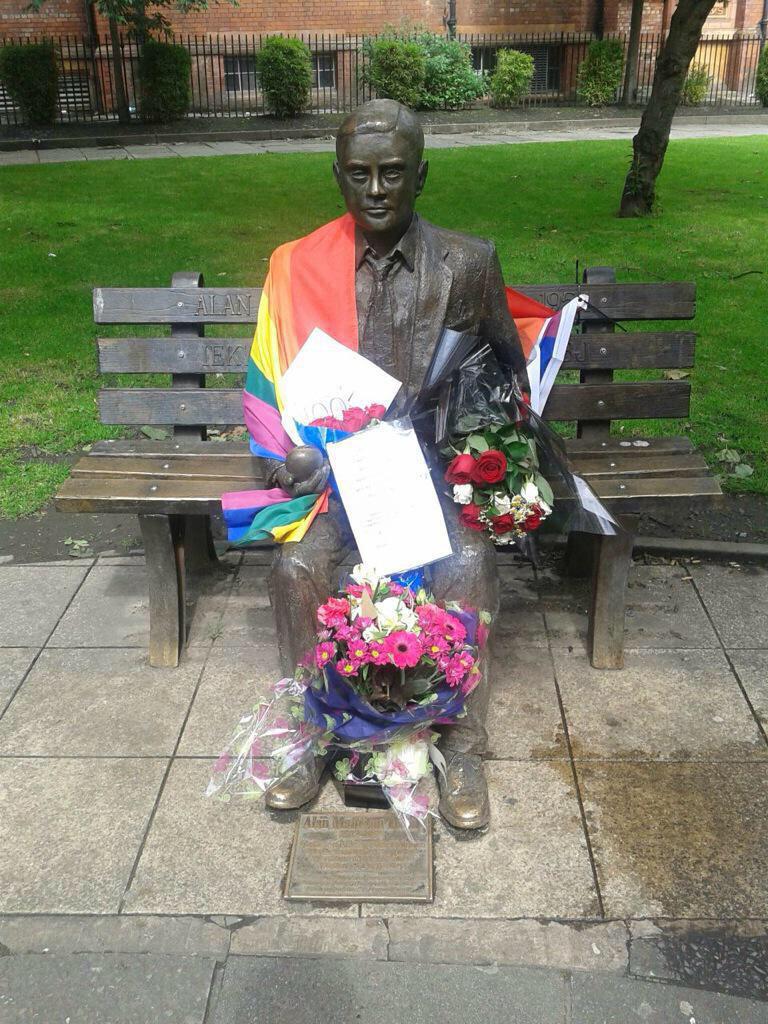 Cumberbuddy's tweet photo. Aw man, just look at Alan Turing's statue in Manc 😢❤️💚💛💜 #LoveWins http://t.co/QqPCouXwn0