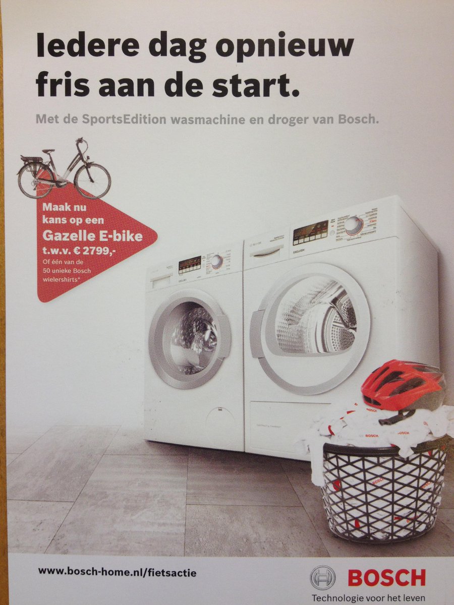 Wasmachinehuis's tweet photo. Sportieve actie van Bosch tot 26 juli 2015, Maak bij aankoop kans op de Gazelle E-bike of een Bosch wielershirt! http://t.co/xJnoz0tMvX