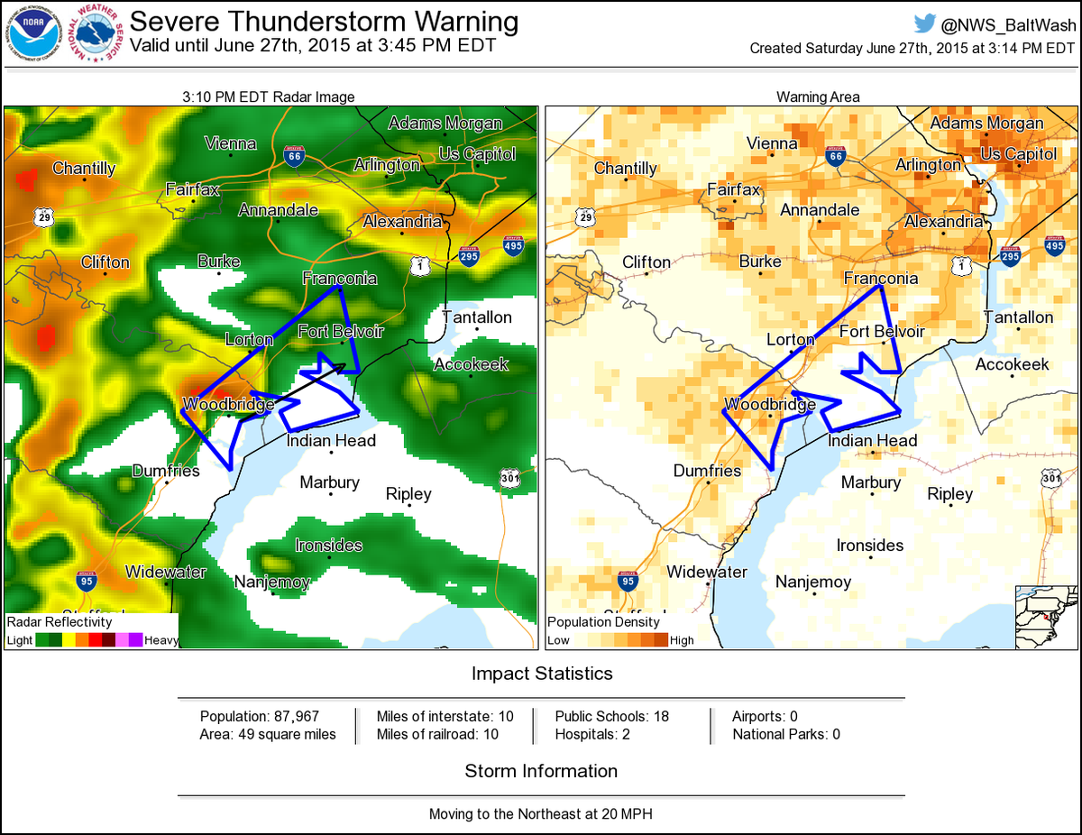 NWSSevereTstorm's tweet image. Severe Thunderstorm Warning including Woodbridge VA, Franconia VA, Fort Belvoir VA until 3:45 PM EDT
