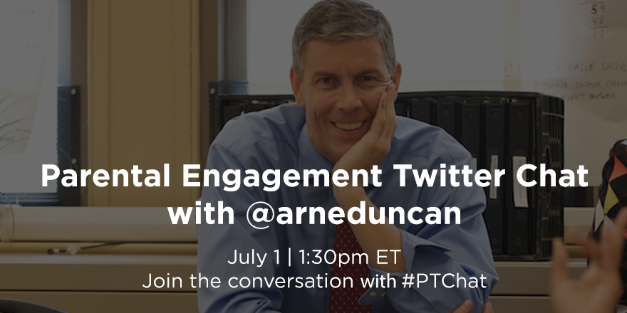 usedgov's tweet photo. .@arneduncan is discussing parental engagement with YOU on 7/1 at 1:30pm ET. Join using #PTChat http://t.co/gduCtnRql5