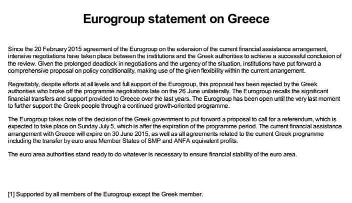 EsperanzAguirre's tweet photo. Comunicado del Eurogrupo. Firmado por todos excepto Grecia. http://t.co/KYizCCQbDr