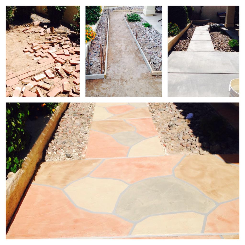 Sun Water Pools brick demo, concrete pour, and acrylic flagstone surface.