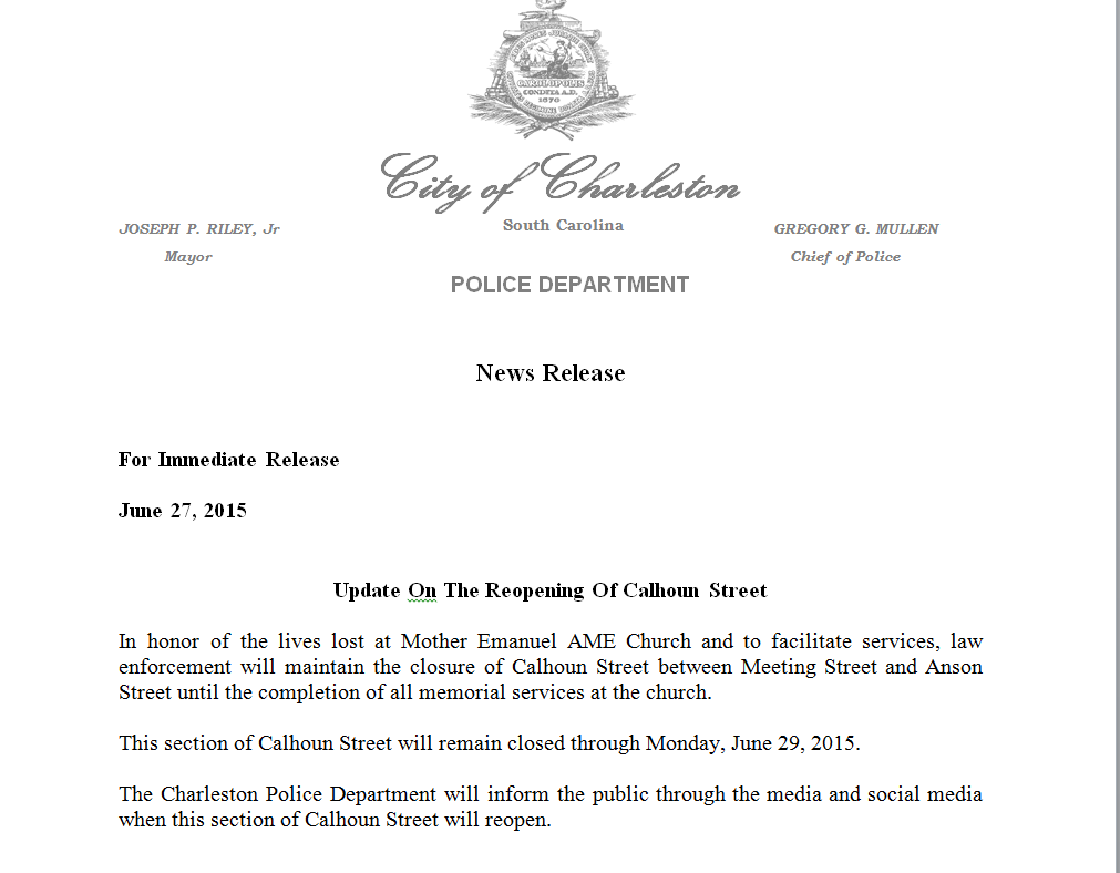 CharlestonPD's tweet photo. Update On The Reopening Of Calhoun Street http://t.co/ECrjUdnAv7