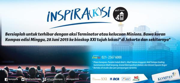 KompasTV's tweet photo. Bawa koran Kompas edisi 28 Juni &amp; BCA Flazz, nonton Minions hanya Rp 50,- di 7 lokasi bioskop XXI. #KOMPAS50th http://t.co/VrEriU9XNM