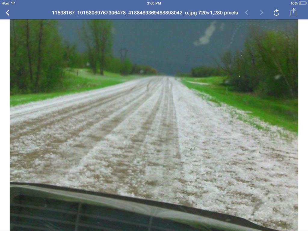 Large hail near St. Claude, MB this aft via Facebook/Vi Desjarlais- says some vehicles damaged #mbstorm
