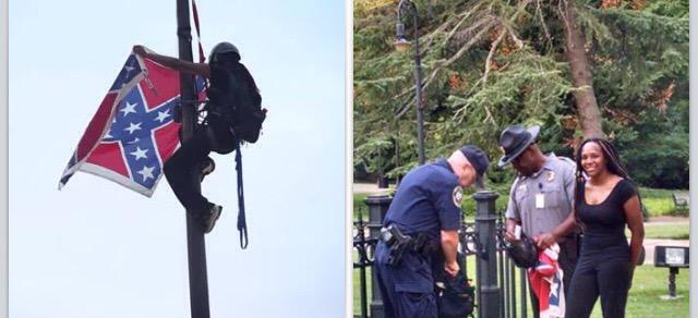 treeandbear's tweet image. She's being arrested and the flag is back up. Activists urging #FreeBree #KeepItDown