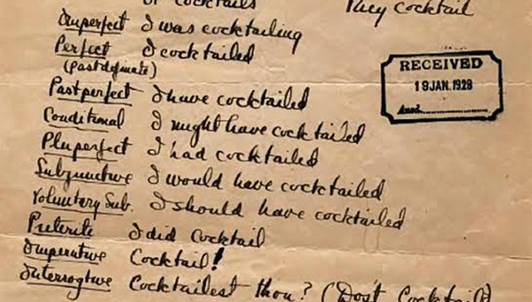 openculture's tweet photo. F. Scott Fitzgerald Conjugates “to Cocktail,” the Ultimate Jazz-Age Verb (1928) http://t.co/G1qT1zyPFc http://t.co/LngN9iVZNs