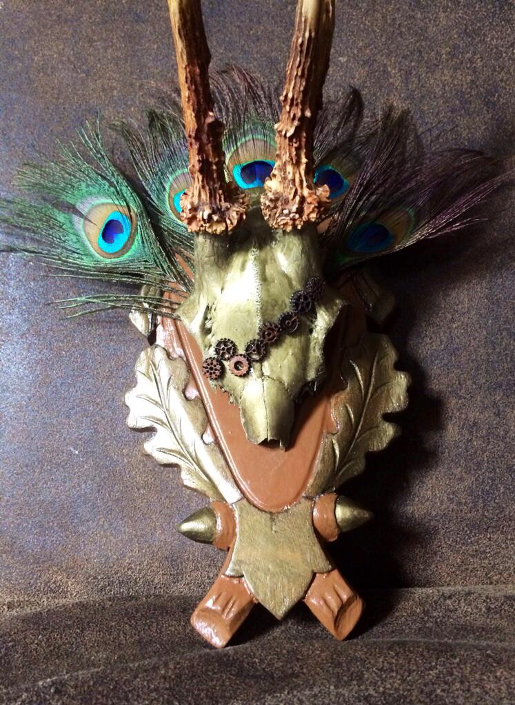 bone_creative's tweet image. Mounted roe deer skull with peacock feather plume and cog detail.  Comes with bone creative certificate . £40.