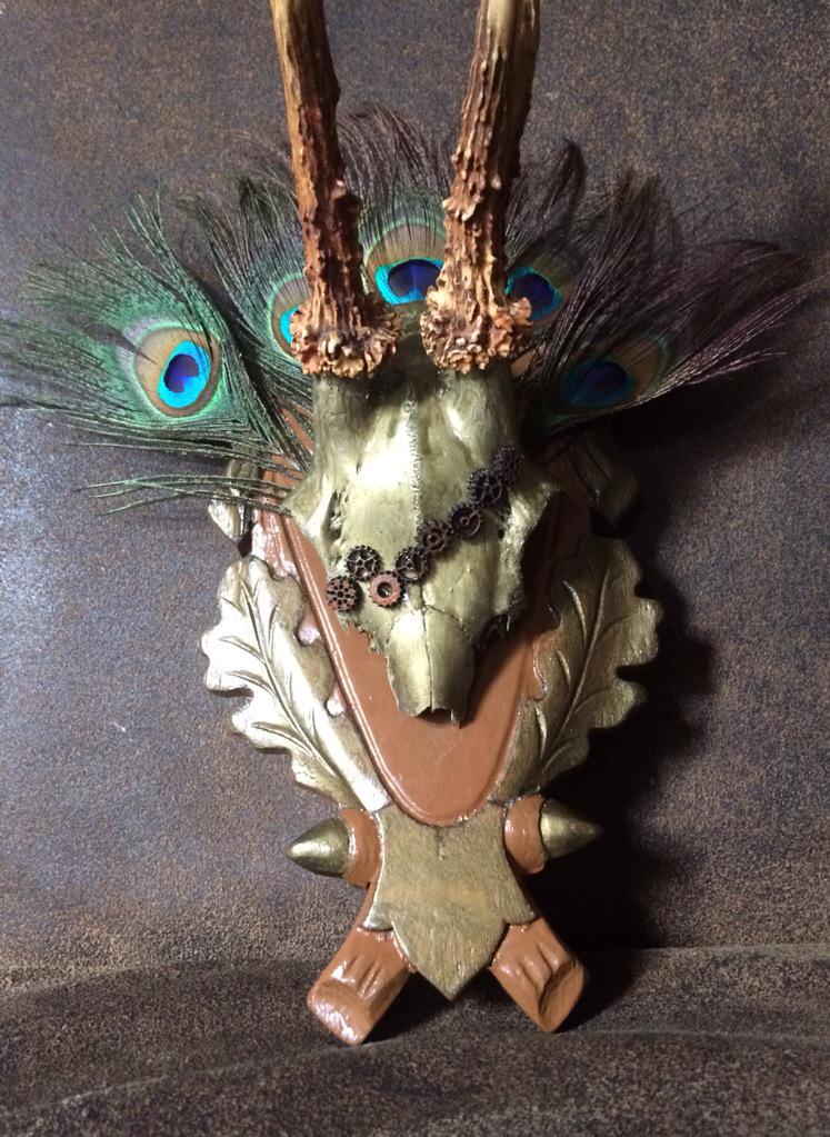 bone_creative's tweet image. Mounted roe deer skull with peacock feather plume and cog detail.  Comes with bone creative certificate . £40.